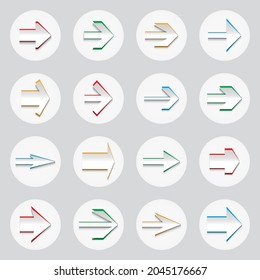 Arrow Icons. Collection of 16 Paper Cut Style Arrow Symbols Isolated on a White Background. Vector Illustration