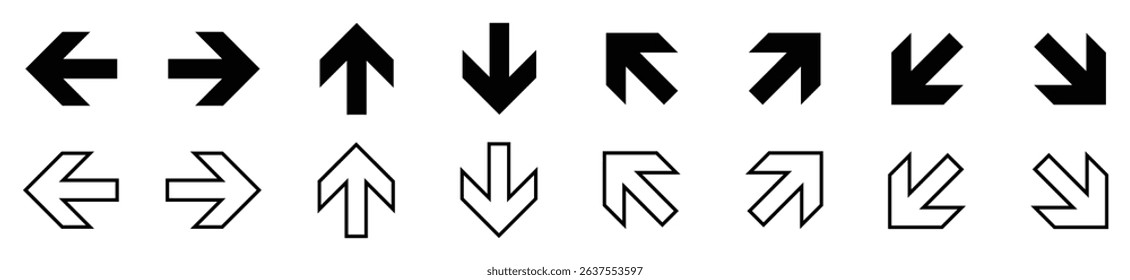 Arrow icons collection. Bold and outline directional arrow symbol pointing in all directions, black vector pointers for navigation, interface, web design, and UI elements on white background.