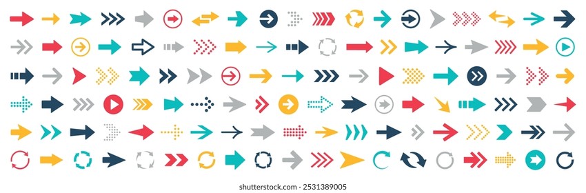 Arrow icons collection. Different colorful arrows, cursor silhouette, scroll, pointer - stock vector.
