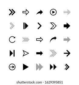 Arrow icons collection for navigation, loading web buttons, mobile applications, interface, web design, cursor, pointer, business, direction and more. Arrow icon. Big set of black vector flat arrows.