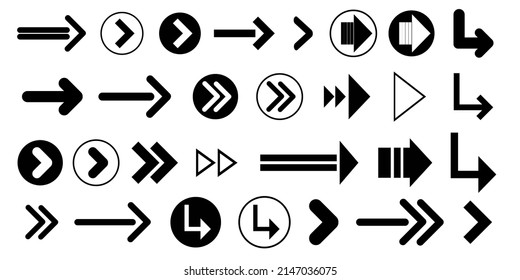 Colección de iconos de flecha. Juego de iconos blanco y negro con flecha simple. Colección de símbolos de flechas vectoriales