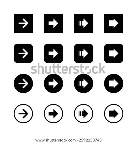 Arrow icons, directional symbols, user interface
elements, minimalist design, black and white,
geometric shapes, sq.uare buttons, circular
buttons, right-pointing arrows, forward arrows,
fast-forward