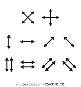 Arrow icons. Directional vector shapes. Multi-angle black arrows. Symbol of navigation.