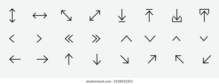 Ícones de seta. Traço editável. Pixel perfeito. Para celular e Web. Passe o conjunto de ícones para baixo. Símbolo de botão de seta para baixo. Passe os ícones para baixo para ver as histórias das mídias sociais.