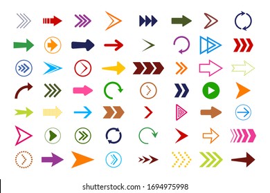Arrow icons. Flat buttons navigation. Red, blue, pink, green, purple, yellow colors of arrows website. Modern symbols of previous, right, undo, left, down, forward for app. Collection shapes. Vector.