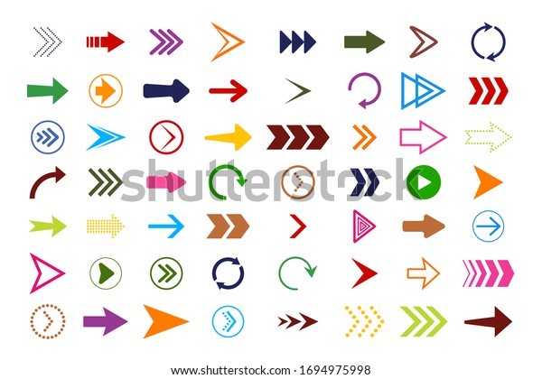 Arrow icons. Flat buttons navigation. Red, blue,
pink, green, purple, yellow colors of arrows website. Modern
symbols of previous, right, undo, left, down, forward for app.
Collection shapes.
Vector.