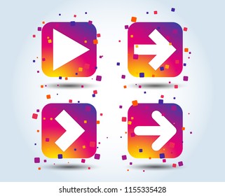 Arrow icons. Next navigation arrowhead signs. Direction symbols. Colour gradient square buttons. Flat design concept. Vector
