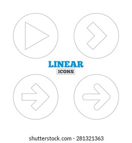 Arrow icons. Next navigation arrowhead signs. Direction symbols. Linear outline web icons. Vector