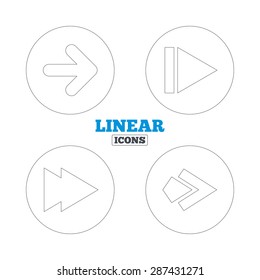Arrow icons. Next navigation arrowhead signs. Direction symbols. Linear outline web icons. Vector