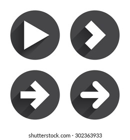 Arrow icons. Next navigation arrowhead signs. Direction symbols. Circles buttons with long flat shadow. Vector