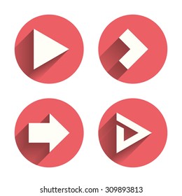 Arrow icons. Next navigation arrowhead signs. Direction symbols. Pink circles flat buttons with shadow. Vector