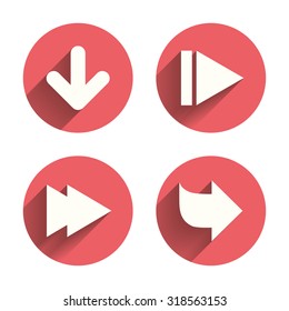 Arrow icons. Next navigation arrowhead signs. Direction symbols. Pink circles flat buttons with shadow. Vector