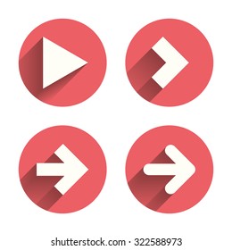 Arrow icons. Next navigation arrowhead signs. Direction symbols. Pink circles flat buttons with shadow. Vector