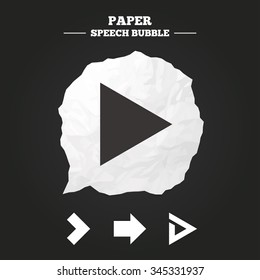 Arrow icons. Next navigation arrowhead signs. Direction symbols. Paper speech bubble with icon.