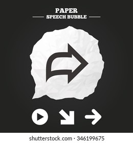 Arrow icons. Next navigation arrowhead signs. Direction symbols. Paper speech bubble with icon.
