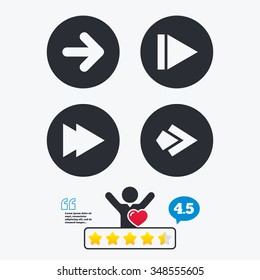 Arrow icons. Next navigation arrowhead signs. Direction symbols. Star vote ranking. Client like and think bubble. Quotes with message.