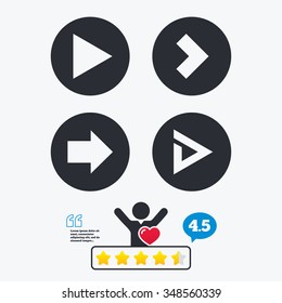 Arrow icons. Next navigation arrowhead signs. Direction symbols. Star vote ranking. Client like and think bubble. Quotes with message.