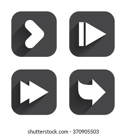 Arrow icons. Next navigation arrowhead signs. Direction symbols. Square flat buttons with long shadow.