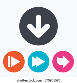 Arrow icons. Next navigation arrowhead signs. Direction symbols. Circle flat buttons with icon.