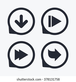 Arrow icons. Next navigation arrowhead signs. Direction symbols. Flat icon pointers.