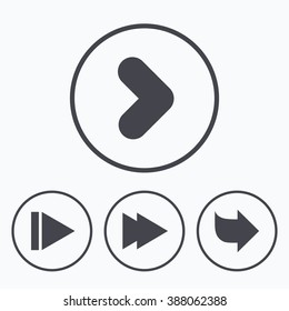 Arrow icons. Next navigation arrowhead signs. Direction symbols. Icons in circles.