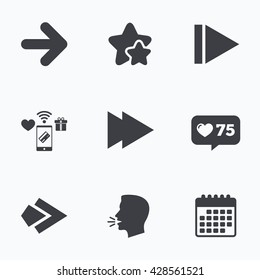 Arrow icons. Next navigation arrowhead signs. Direction symbols. Flat talking head, calendar icons. Stars, like counter icons. Vector