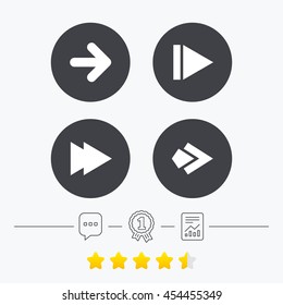 Arrow icons. Next navigation arrowhead signs. Direction symbols. Chat, award medal and report linear icons. Star vote ranking. Vector