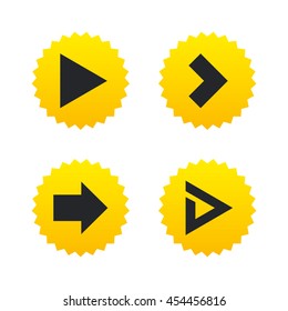 Arrow icons. Next navigation arrowhead signs. Direction symbols. Yellow stars labels with flat icons. Vector