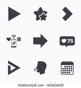 Arrow icons. Next navigation arrowhead signs. Direction symbols. Flat talking head, calendar icons. Stars, like counter icons. Vector
