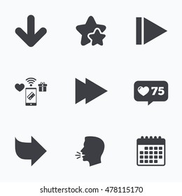 Arrow icons. Next navigation arrowhead signs. Direction symbols. Flat talking head, calendar icons. Stars, like counter icons. Vector