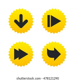 Arrow icons. Next navigation arrowhead signs. Direction symbols. Yellow stars labels with flat icons. Vector