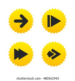 Arrow icons. Next navigation arrowhead signs. Direction symbols. Yellow stars labels with flat icons. Vector