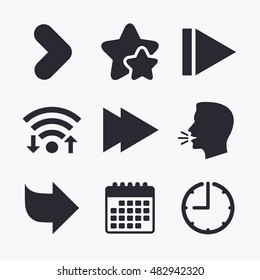 Arrow icons. Next navigation arrowhead signs. Direction symbols. Wifi internet, favorite stars, calendar and clock. Talking head. Vector