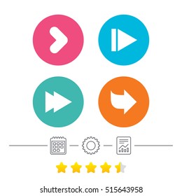 Arrow icons. Next navigation arrowhead signs. Direction symbols. Calendar, cogwheel and report linear icons. Star vote ranking. Vector