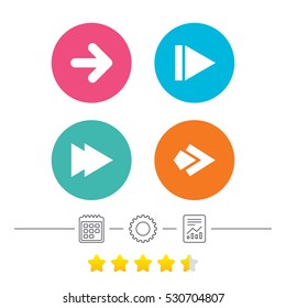 Arrow icons. Next navigation arrowhead signs. Direction symbols. Calendar, cogwheel and report linear icons. Star vote ranking. Vector