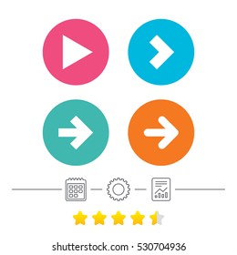 Arrow icons. Next navigation arrowhead signs. Direction symbols. Calendar, cogwheel and report linear icons. Star vote ranking. Vector