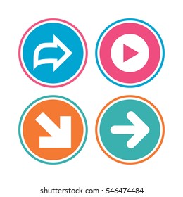 Arrow icons. Next navigation arrowhead signs. Direction symbols. Colored circle buttons. Vector