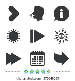 Arrow icons. Next navigation arrowhead signs. Direction symbols. Information, go to web and calendar icons. Sun and loud speak symbol. Vector