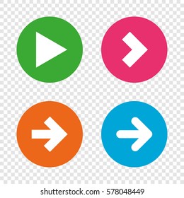 Arrow icons. Next navigation arrowhead signs. Direction symbols. Round buttons on transparent background. Vector