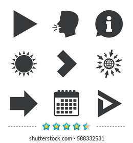 Arrow icons. Next navigation arrowhead signs. Direction symbols. Information, go to web and calendar icons. Sun and loud speak symbol. Vector