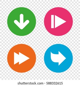 Arrow icons. Next navigation arrowhead signs. Direction symbols. Round buttons on transparent background. Vector