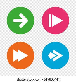 Arrow icons. Next navigation arrowhead signs. Direction symbols. Round buttons on transparent background. Vector