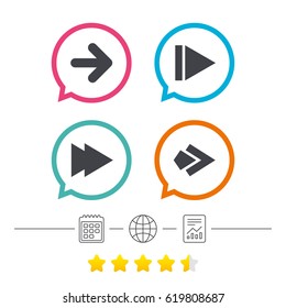 Arrow icons. Next navigation arrowhead signs. Direction symbols. Calendar, internet globe and report linear icons. Star vote ranking. Vector
