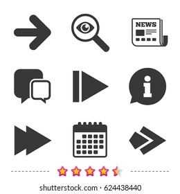 Arrow icons. Next navigation arrowhead signs. Direction symbols. Newspaper, information and calendar icons. Investigate magnifier, chat symbol. Vector