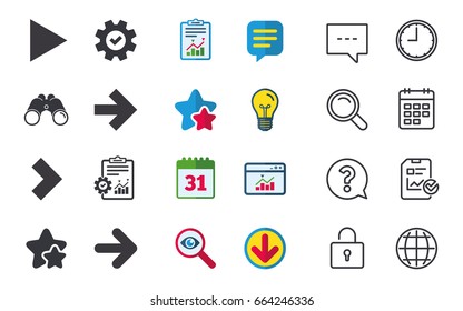 Arrow icons. Next navigation arrowhead signs. Direction symbols. Chat, Report and Calendar signs. Stars, Statistics and Download icons. Question, Clock and Globe. Vector