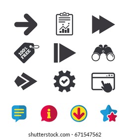 Arrow icons. Next navigation arrowhead signs. Direction symbols. Browser window, Report and Service signs. Binoculars, Information and Download icons. Stars and Chat. Vector