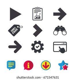 Arrow icons. Next navigation arrowhead signs. Direction symbols. Browser window, Report and Service signs. Binoculars, Information and Download icons. Stars and Chat. Vector