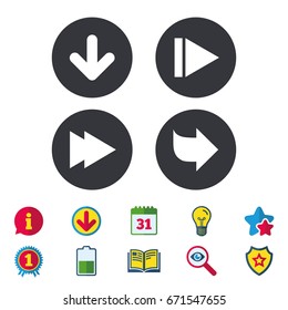 Arrow icons. Next navigation arrowhead signs. Direction symbols. Calendar, Information and Download signs. Stars, Award and Book icons. Light bulb, Shield and Search. Vector