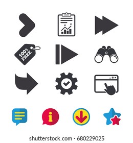 Arrow icons. Next navigation arrowhead signs. Direction symbols. Browser window, Report and Service signs. Binoculars, Information and Download icons. Stars and Chat. Vector
