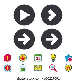 Arrow icons. Next navigation arrowhead signs. Direction symbols. Calendar, Information and Download signs. Stars, Award and Book icons. Light bulb, Shield and Search. Vector
